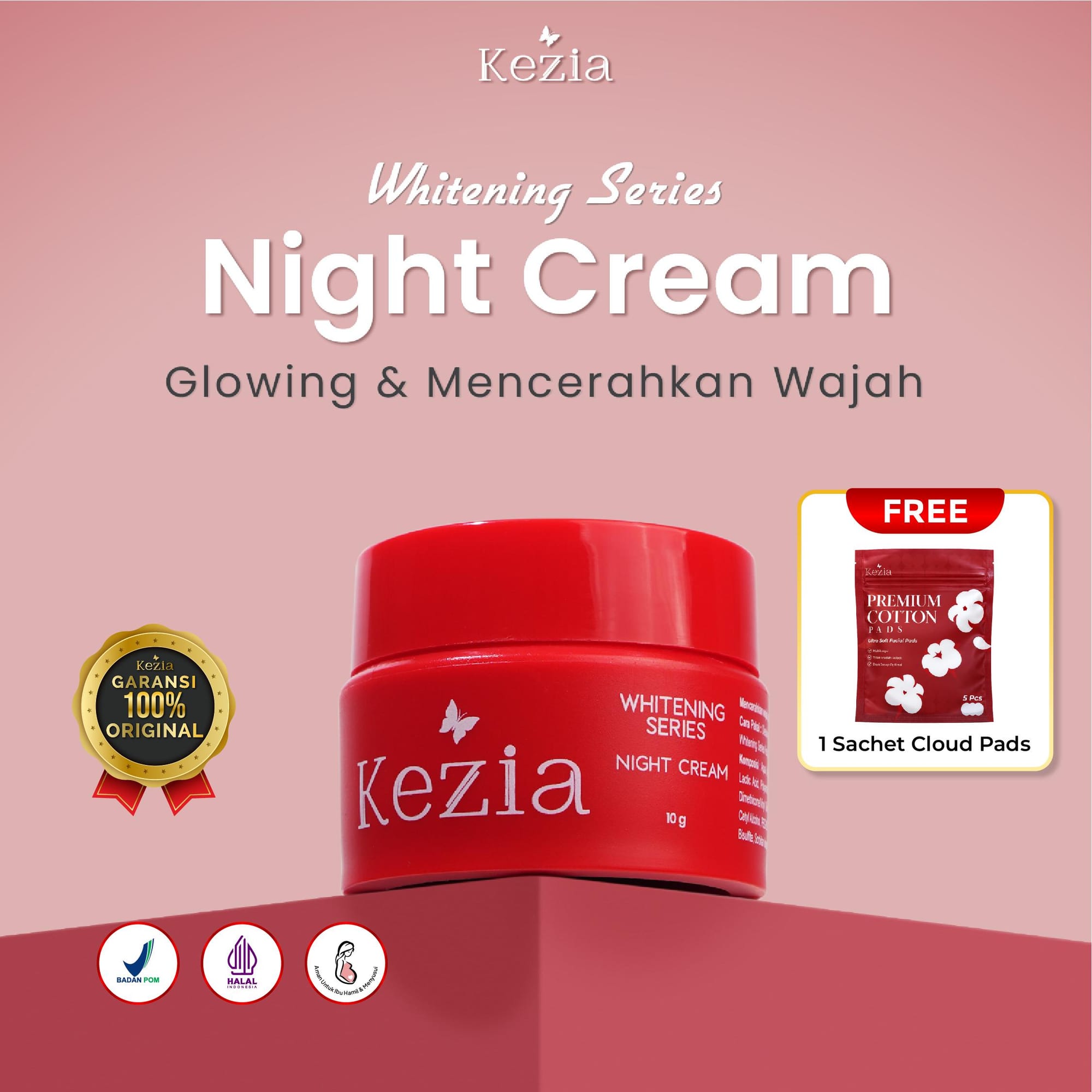 KEZIA Beauty - Night Cream NEW WHITENING SERIES 10gr - Pelembap Cream Malam untuk Mencerahkan Wajah(FREE 1 CLOUD PADS)