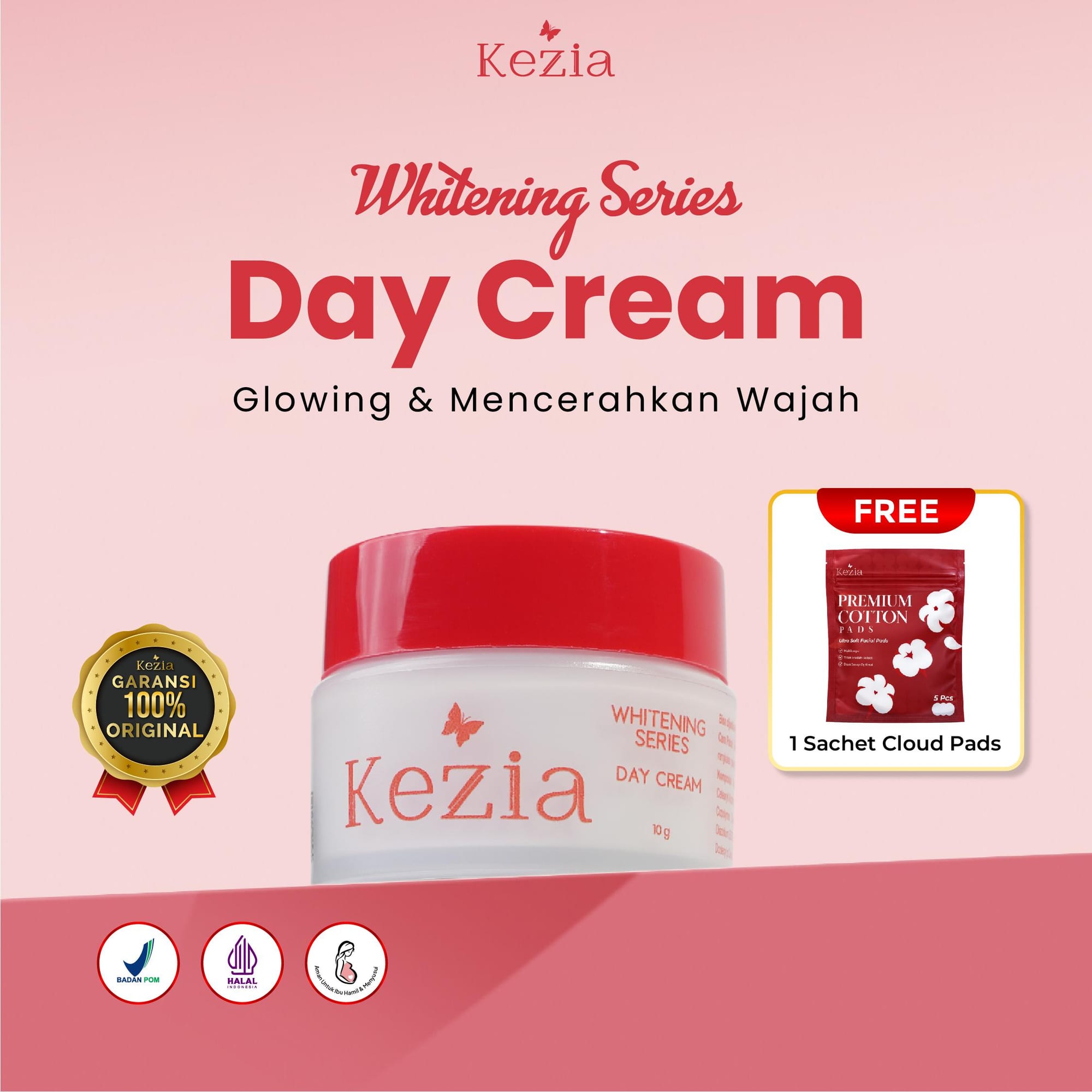 KEZIA Beauty - Day Cream NEW WHITENING SERIES 10 gr - Pelembap Cream Siang Mencerahkan Wajah dan SPF 30++(FREE 1 CLOUD PADS)