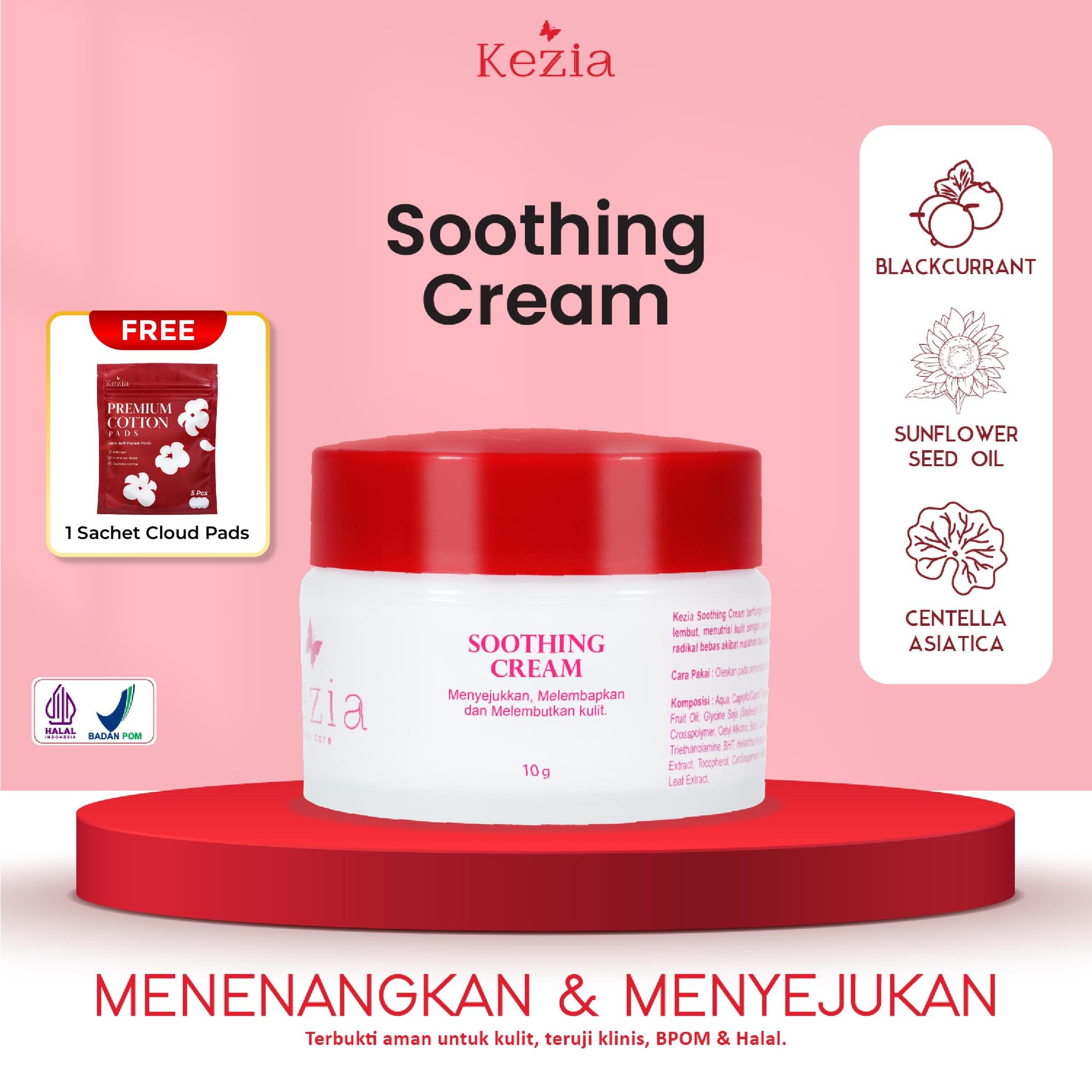 KEZIA Beauty Soothing Cream - Cream untuk Kulit Sensitif , Kering atau Purging di Wajah (FREE 1 CLOUD PADS)
