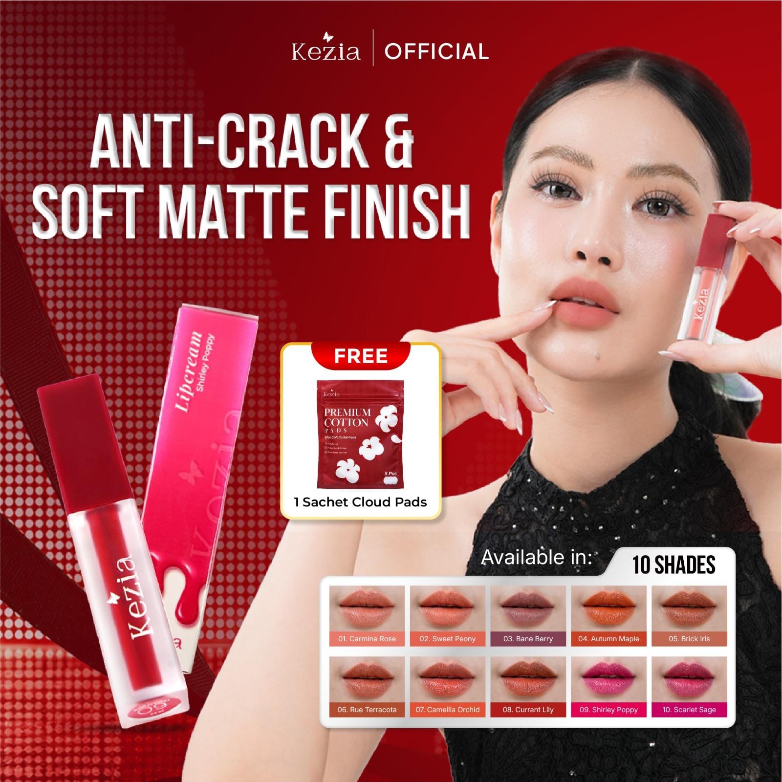  KEZIA Beauty Matte Lipcream 2.5gr - Matte Finishing & Transferproof with Vitamin E (FREE 1 CLOUD PADS)
