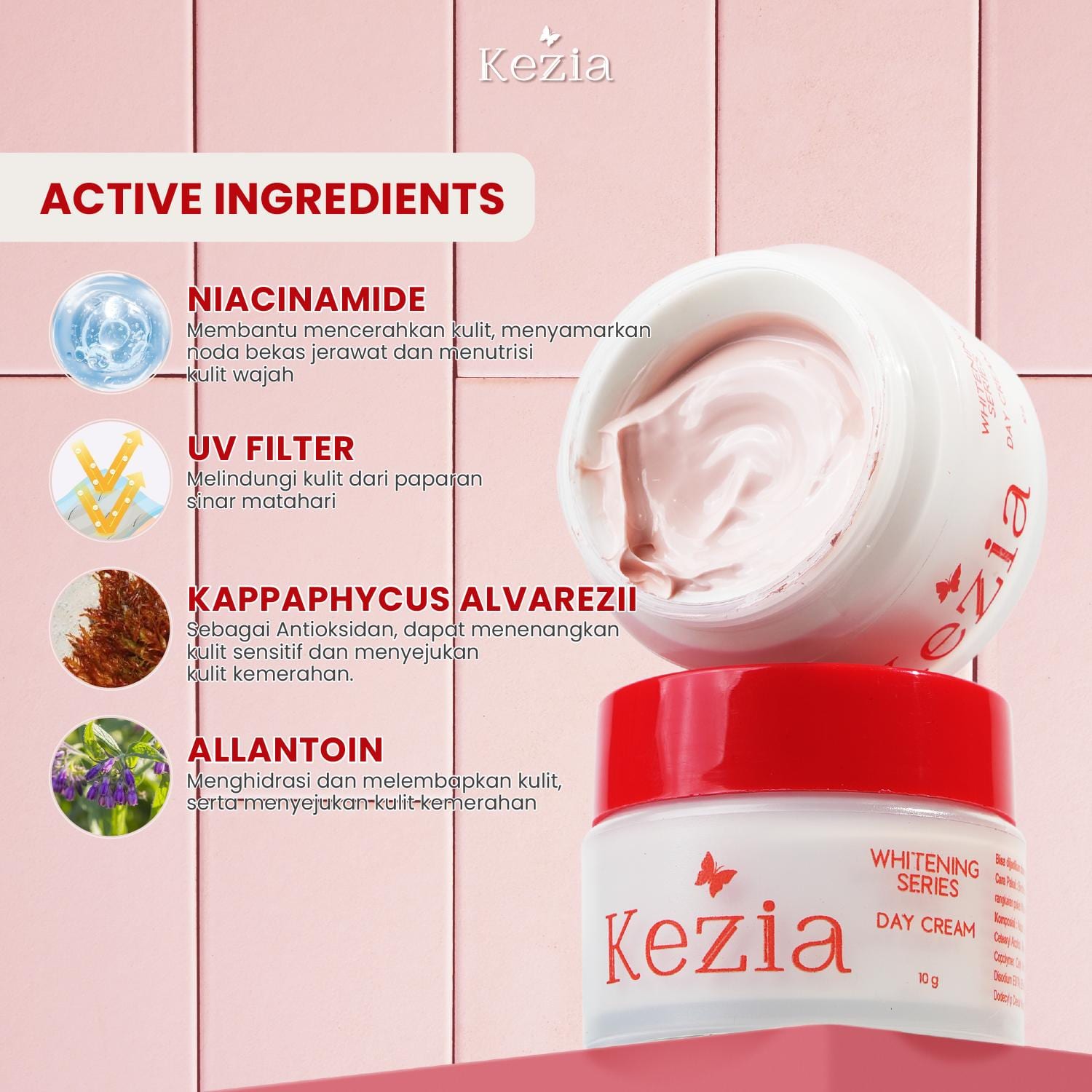 KEZIA Beauty - Day Cream NEW WHITENING SERIES 10 gr - Pelembap Cream Siang Mencerahkan Wajah dan SPF 30++(FREE 1 CLOUD PADS)
