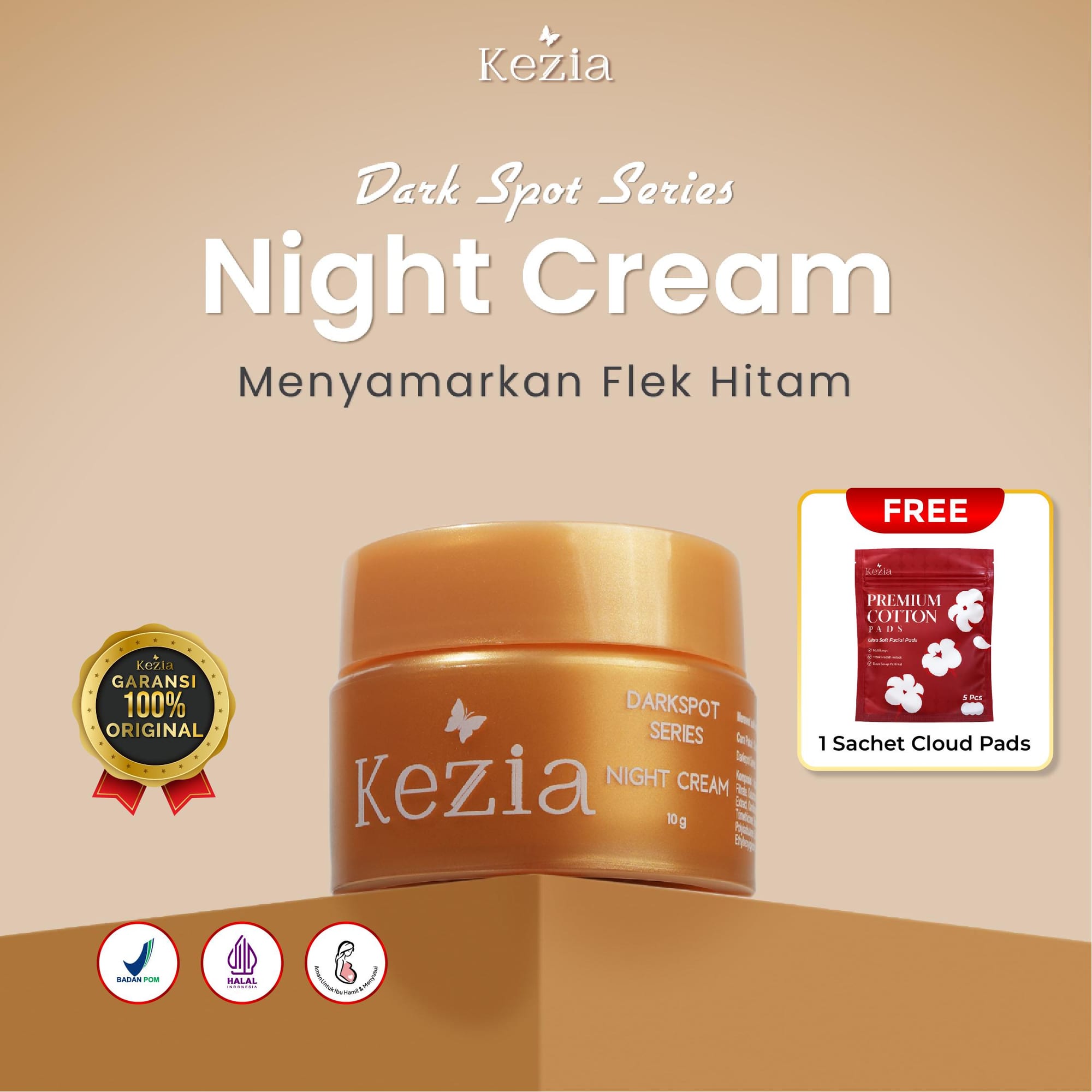 KEZIA Beauty NEW Night Cream Dark Spot - Pelembap Cream Menyamarkan Kerutan Kulit Wajah (FREE 1 CLOUD PADS)