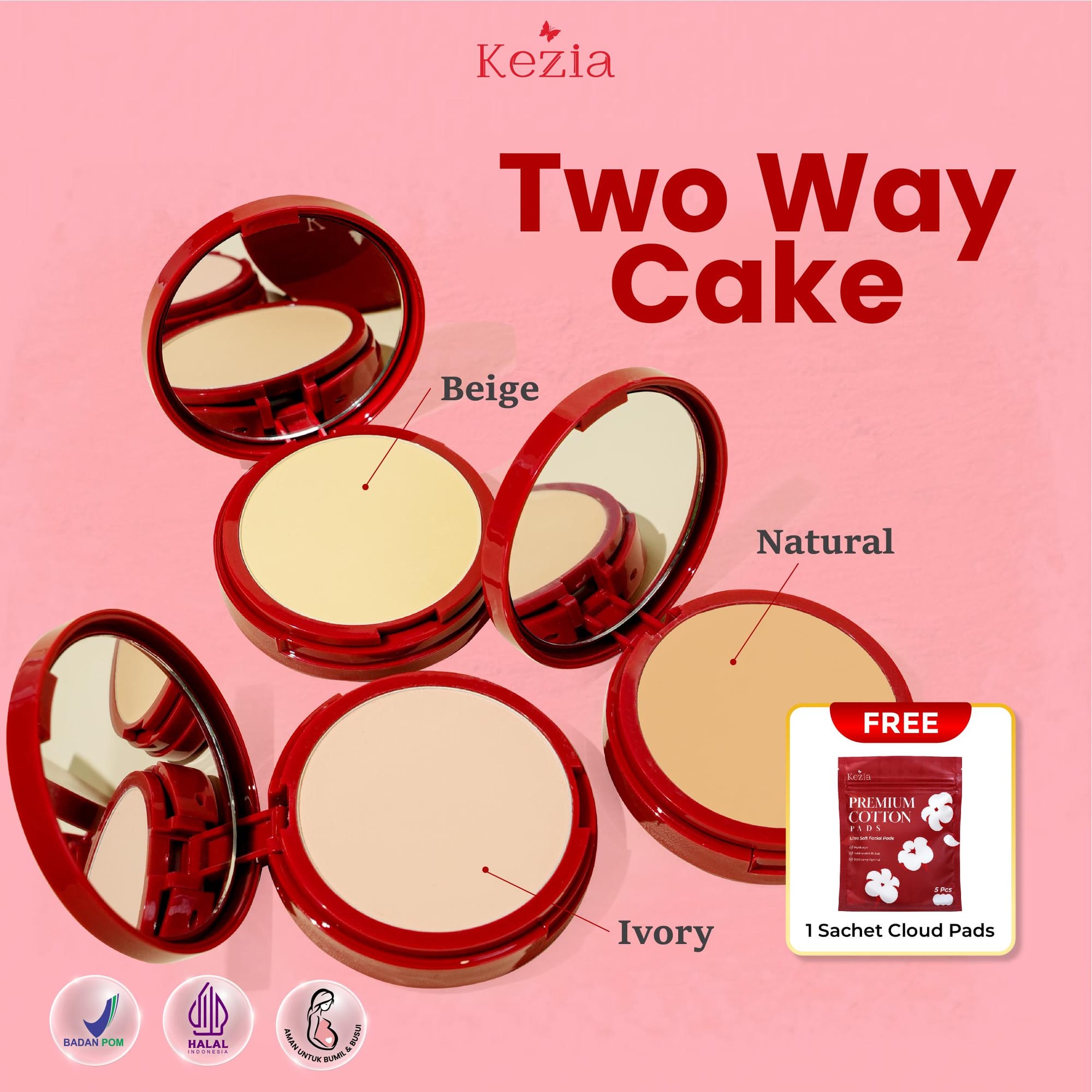 KEZIA Beauty Compact Powder 12gr - Bedak Padat Oil Control + UV Protection Tahan hingga 12 Jam (FREE 1 CLOUD PADS)