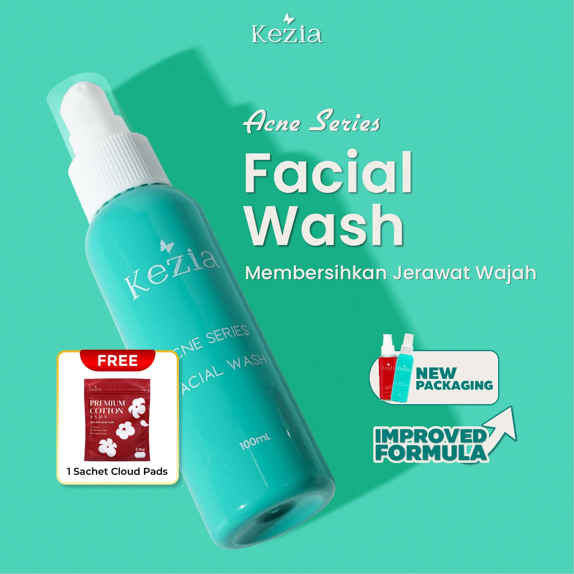 KEZIA Beauty - Facial Wash NEW ACNE SERIES - Sabun Cuci Muka Wajah Berjerawat (FREE 1 CLOUD PADS)