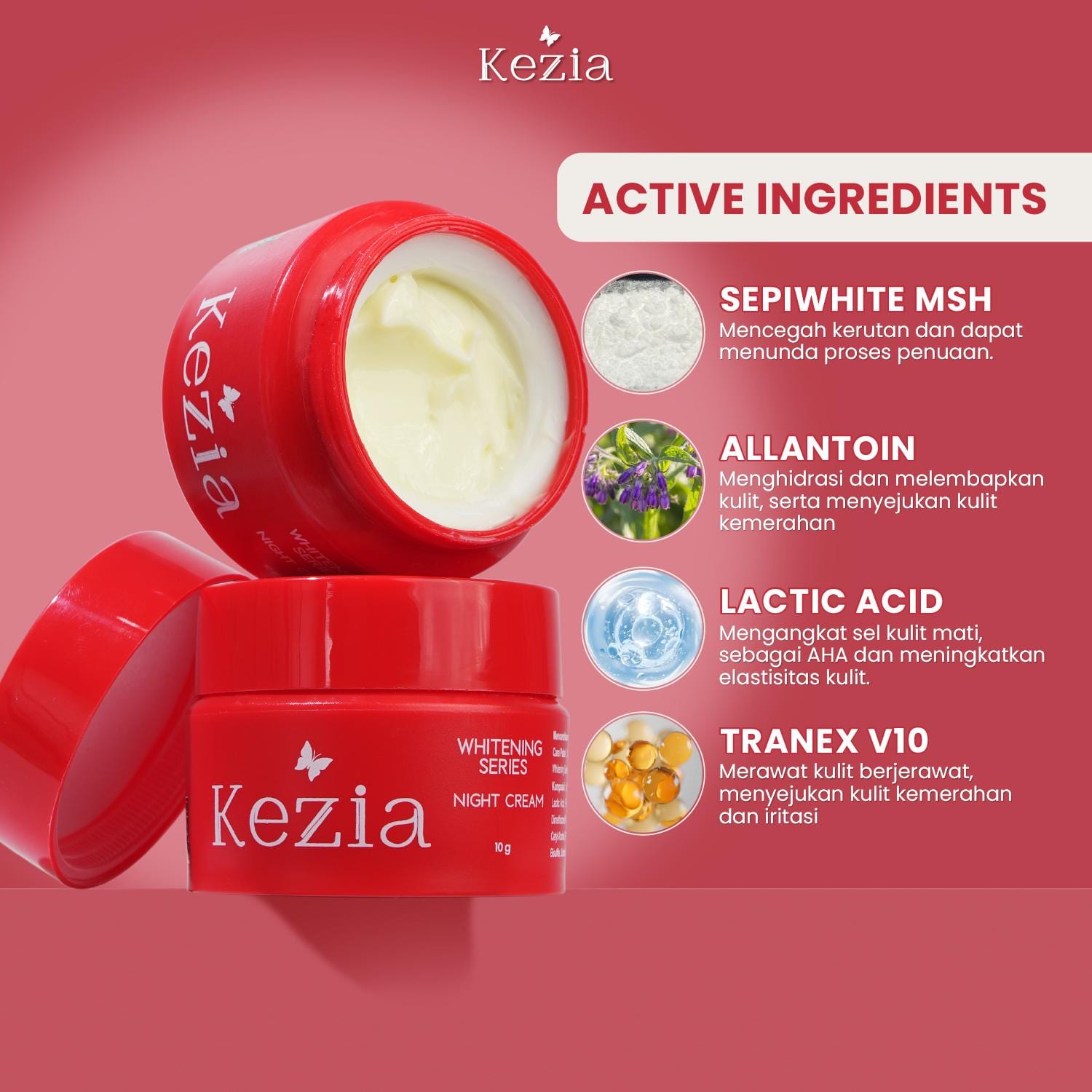 KEZIA Beauty - Night Cream NEW WHITENING SERIES 10gr - Pelembap Cream Malam untuk Mencerahkan Wajah(FREE 1 CLOUD PADS)