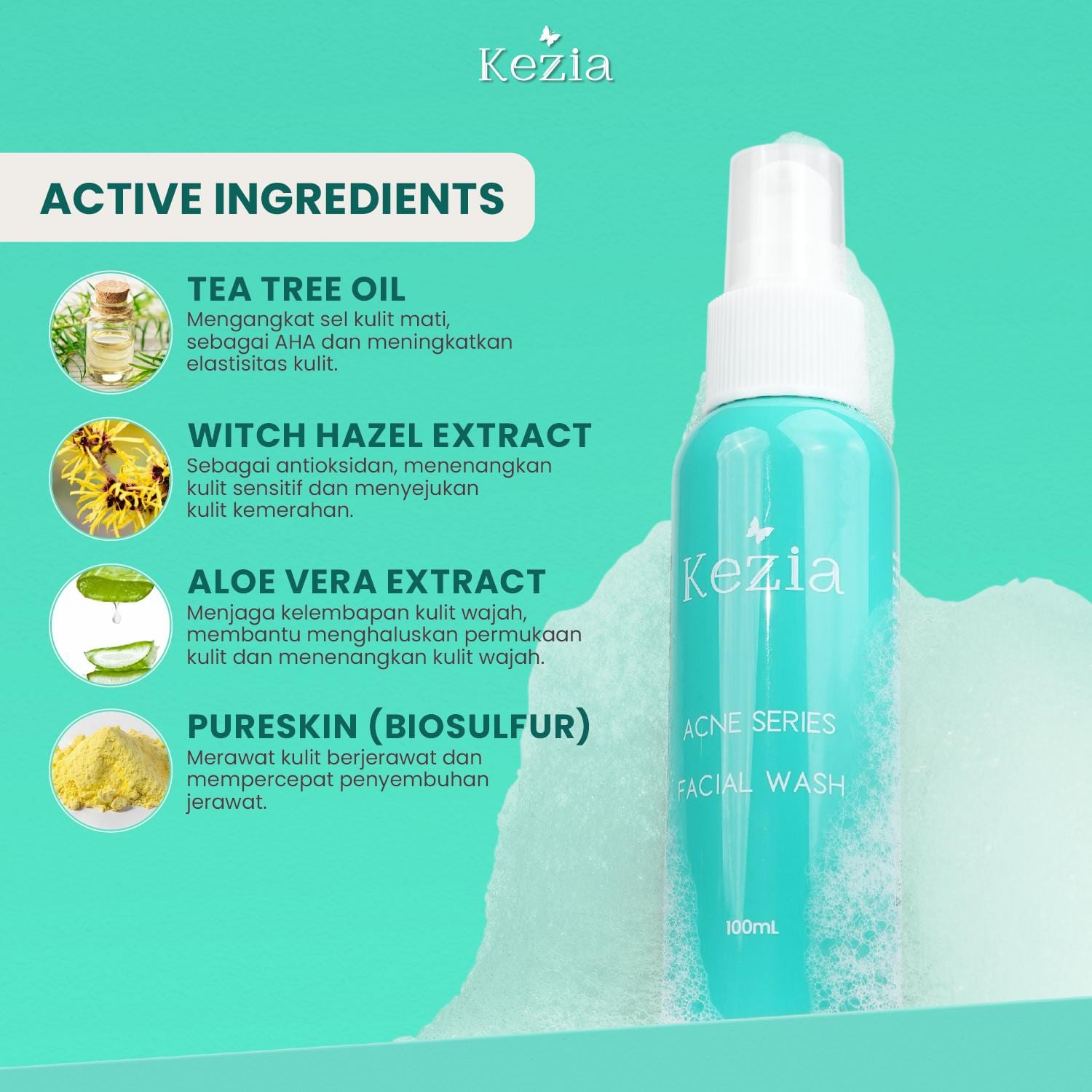 KEZIA Beauty - Facial Wash NEW ACNE SERIES - Sabun Cuci Muka Wajah Berjerawat (FREE 1 CLOUD PADS)
